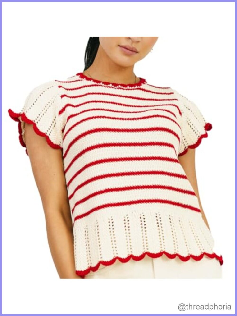 Women's Crochet Knit Sweater Vest Striped Cap Sleeve Ruffle Edge Cute Summer Top